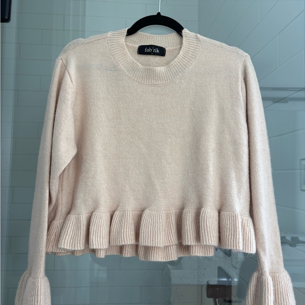 Fab'rik Cropped Pale Pink Ruffle Hem Sweater